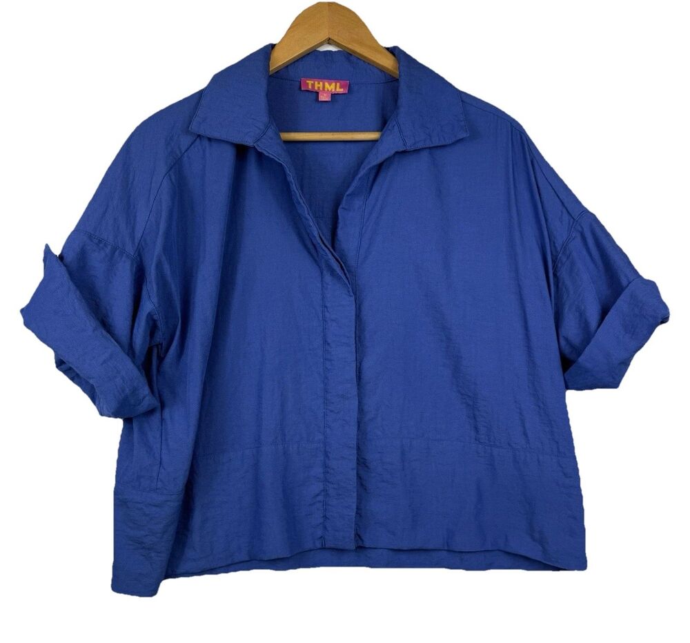 THML Blue Cropped Button Down Blouse Oversized Womens Medium 3/4 Sleeve - Picture 2 of 7